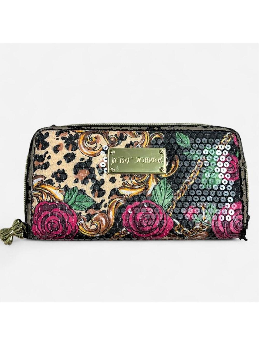Vintage Betsey Johnson leopard print wallet with pink roses and sequins